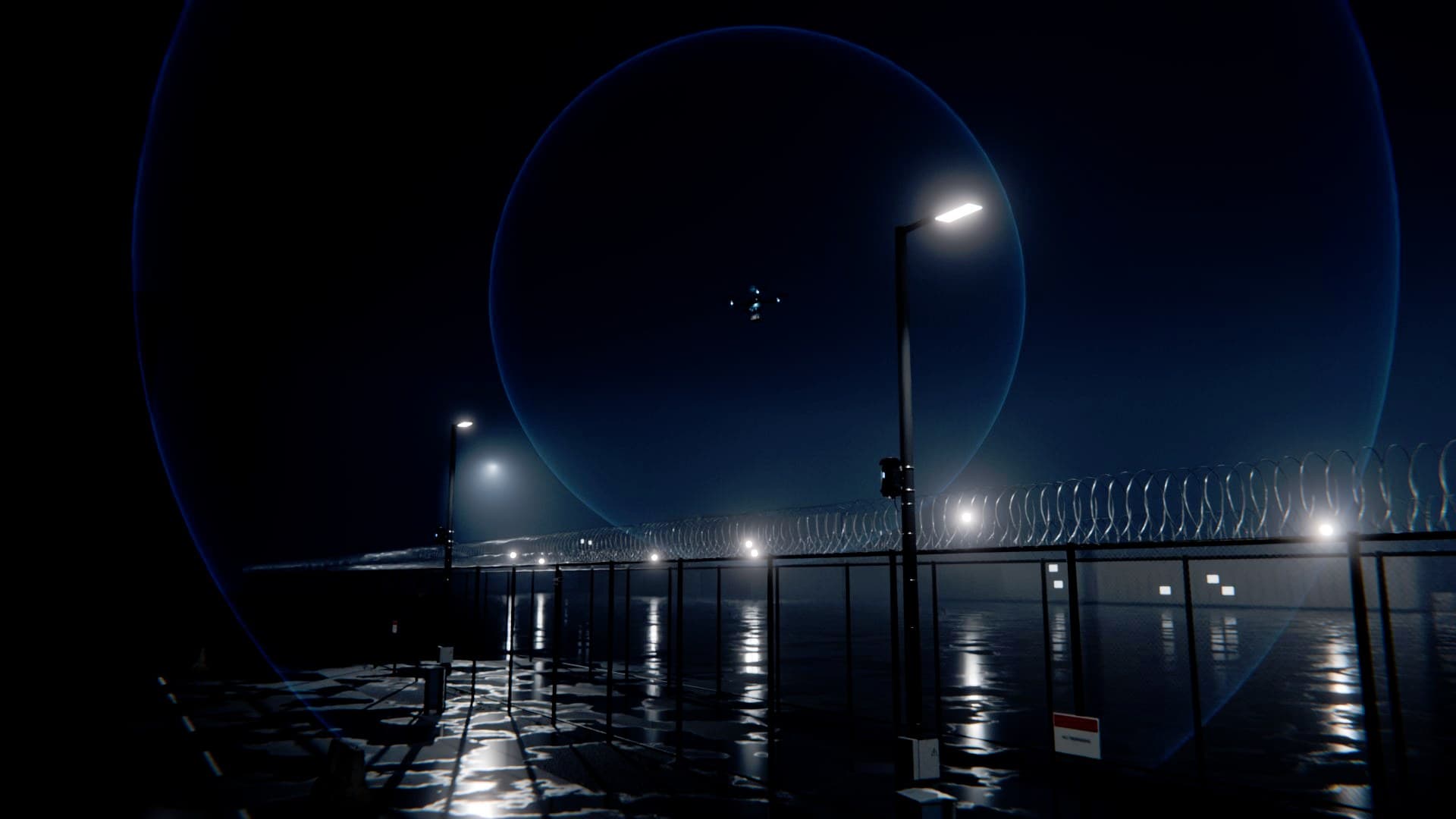 At night, a drone carrying a package crosses a prison fence; faint blue shells show its sound spreading to sensor packages strapped to the light poles along the fence