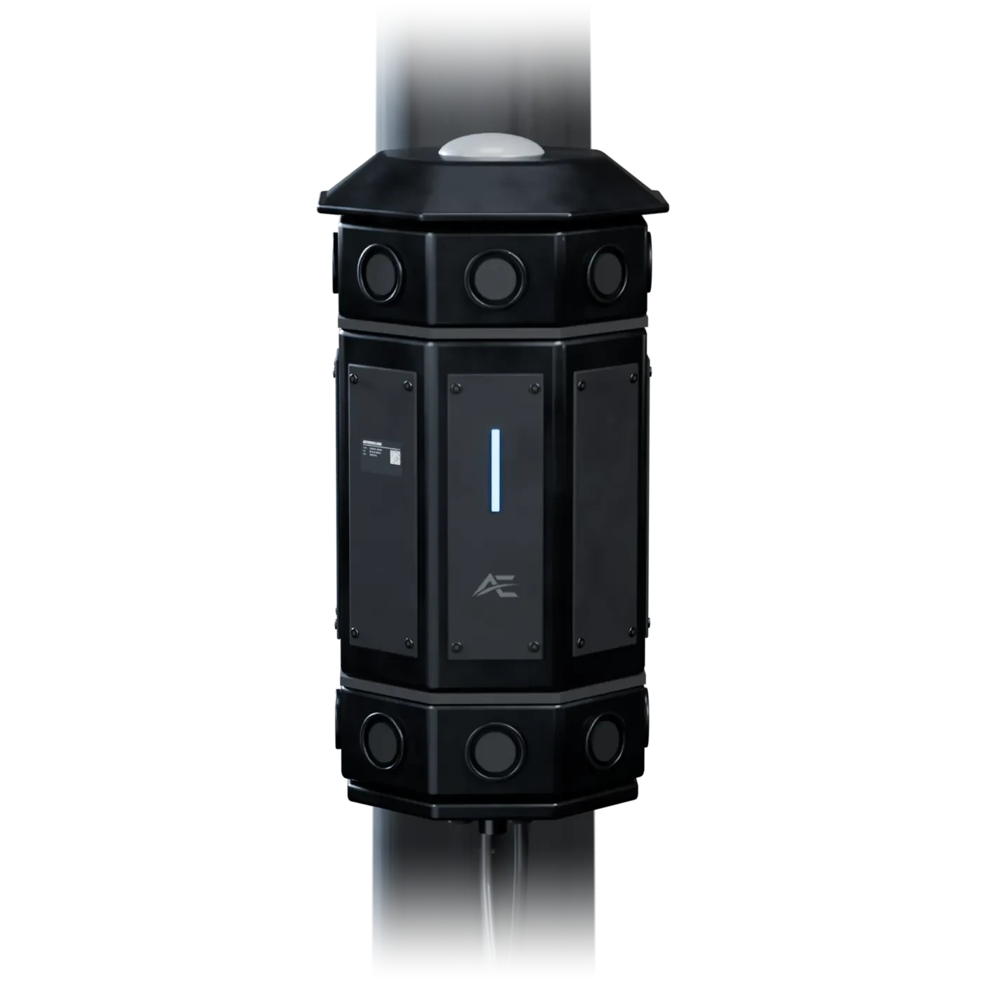 Aetherus sensor package secured to a light pole with stainless bands, with microphone rings at the top and bottom.